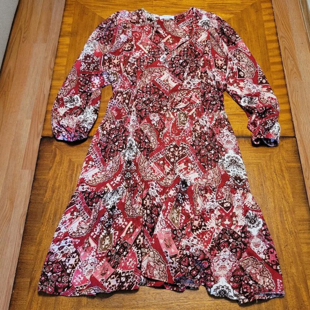 Calvin Klein Red & White Patchwork Flounce Dress - image 2